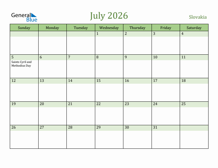 July 2026 Calendar with Slovakia Holidays