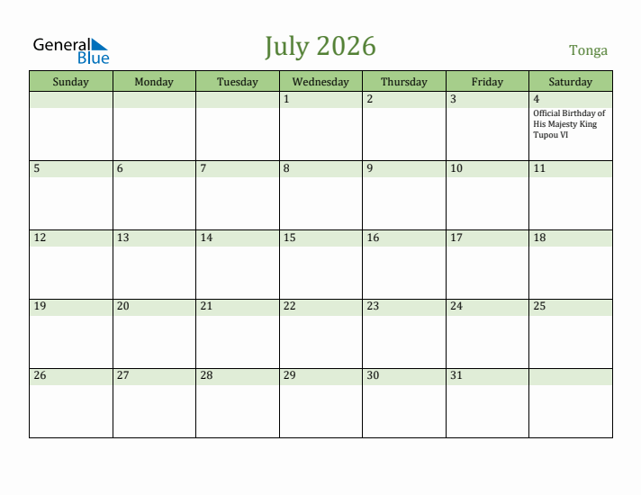 July 2026 Calendar with Tonga Holidays