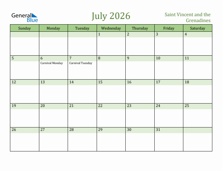 July 2026 Calendar with Saint Vincent and the Grenadines Holidays