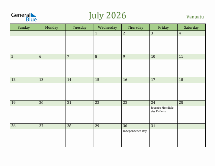July 2026 Calendar with Vanuatu Holidays