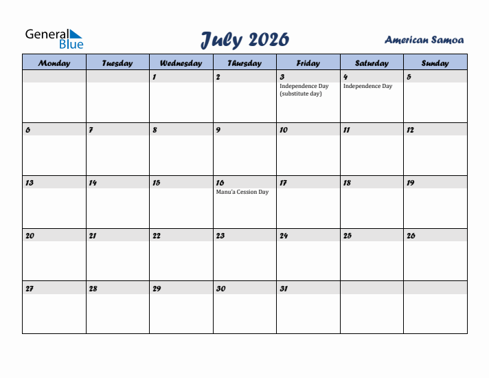 July 2026 Calendar with Holidays in American Samoa