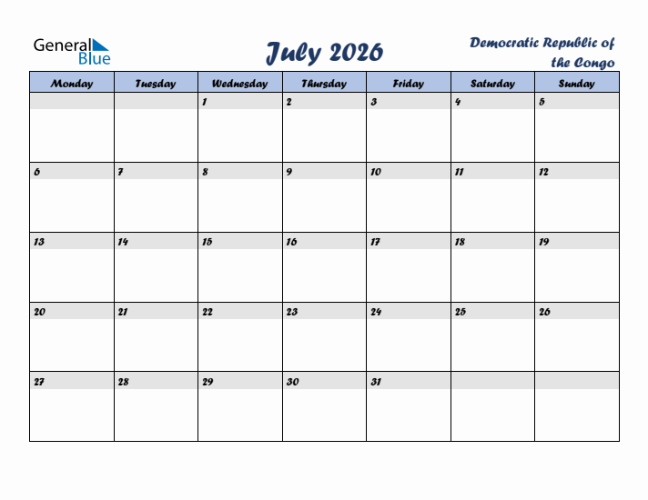 July 2026 Calendar with Holidays in Democratic Republic of the Congo