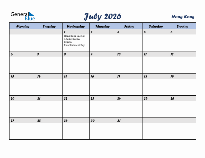 July 2026 Calendar with Holidays in Hong Kong