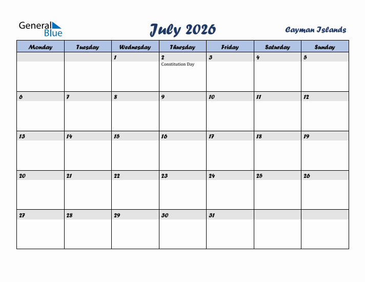 July 2026 Calendar with Holidays in Cayman Islands