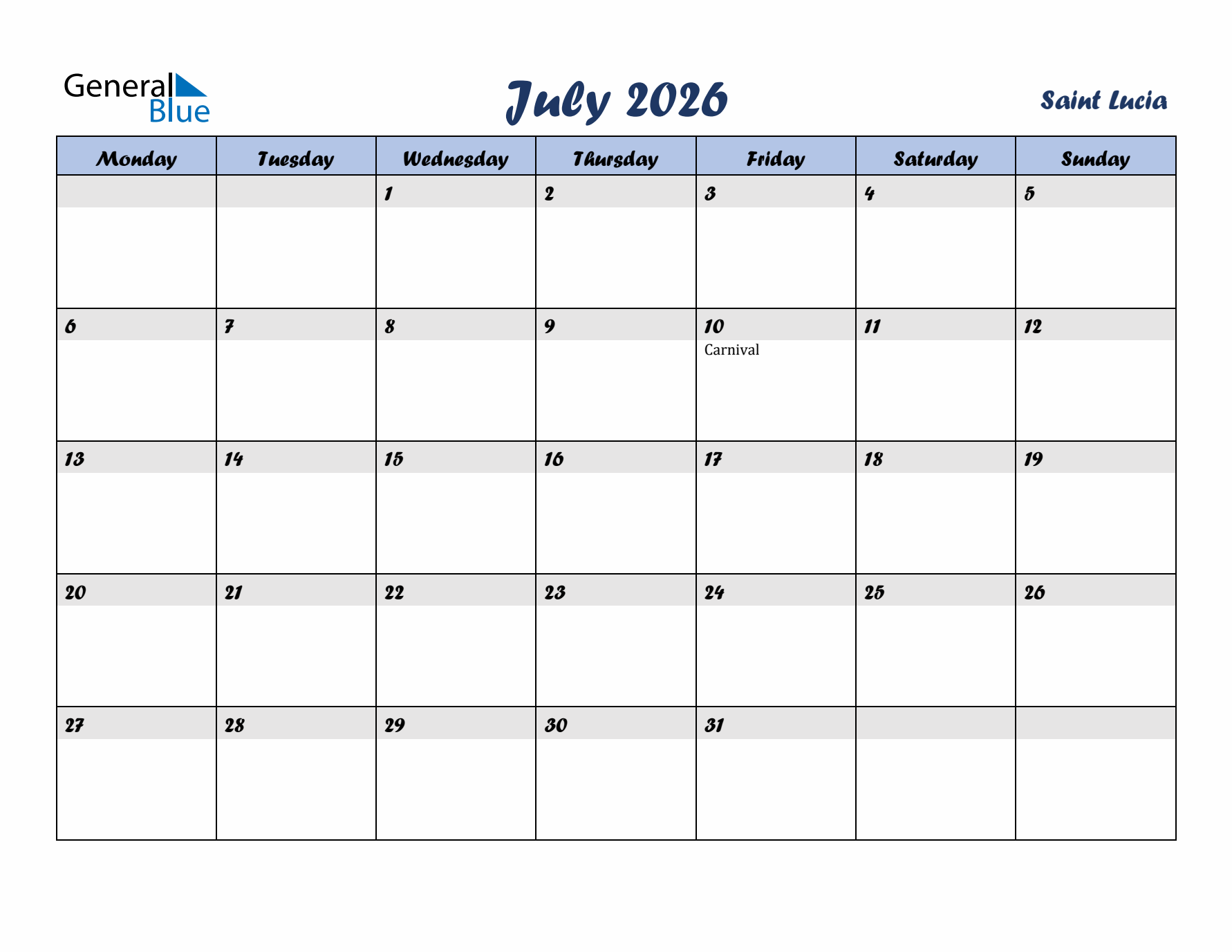 July 2026 Calendar with Holidays in Saint Lucia