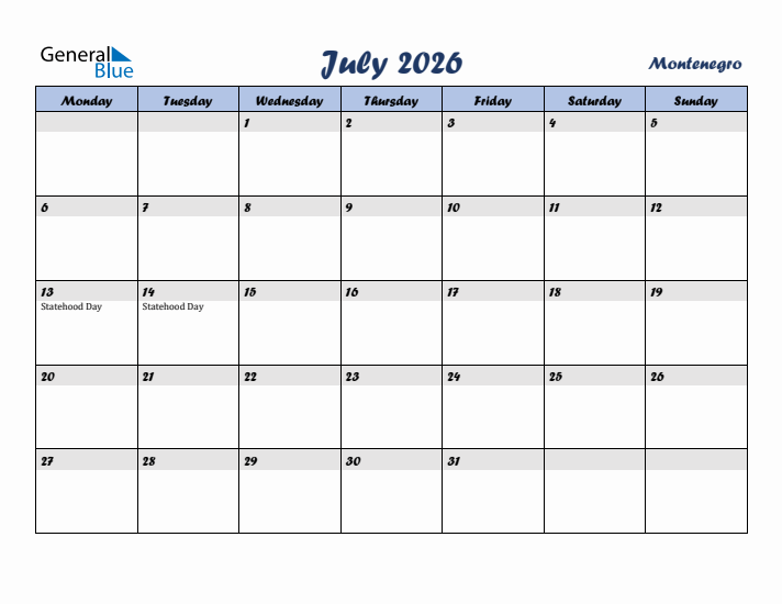 July 2026 Calendar with Holidays in Montenegro