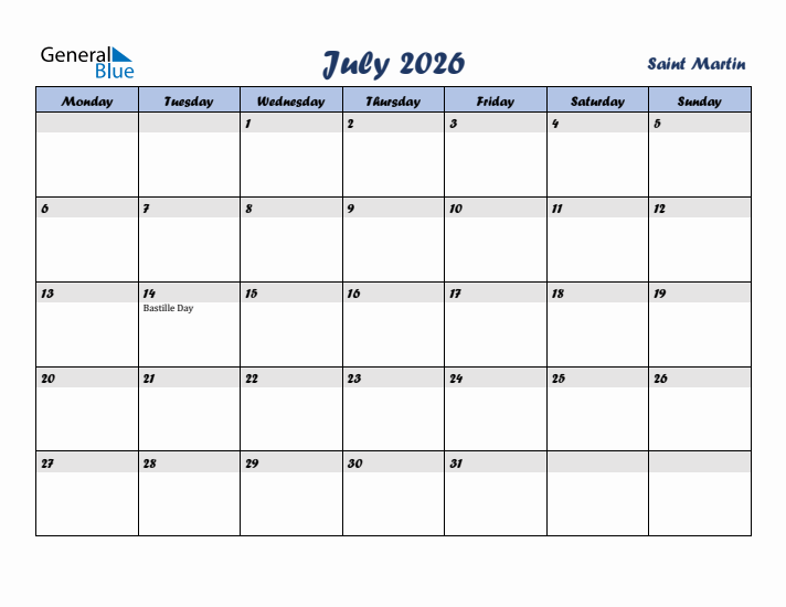 July 2026 Calendar with Holidays in Saint Martin