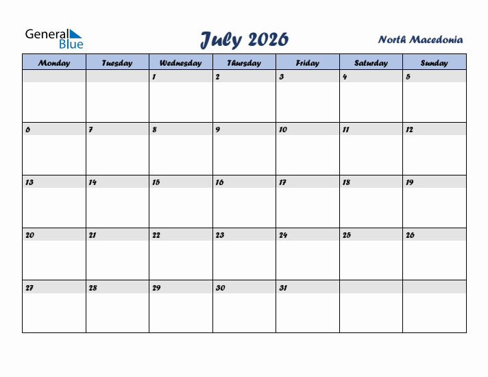 July 2026 Calendar with Holidays in North Macedonia