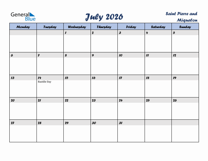 July 2026 Calendar with Holidays in Saint Pierre and Miquelon