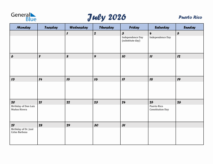 July 2026 Calendar with Holidays in Puerto Rico