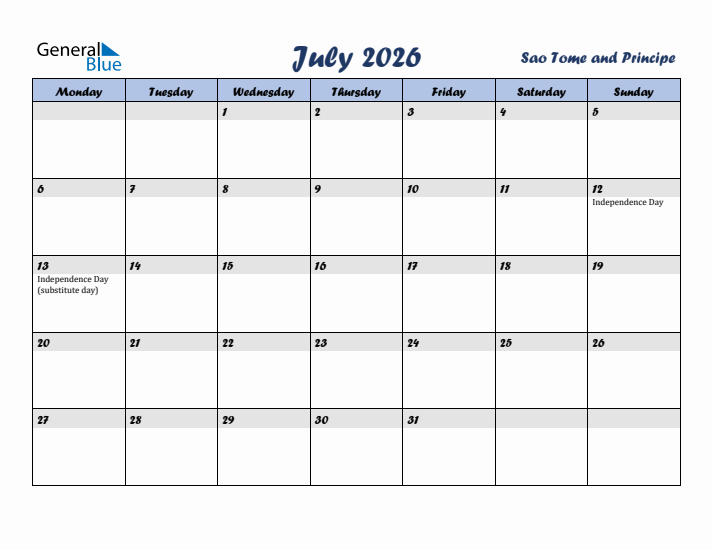 July 2026 Calendar with Holidays in Sao Tome and Principe