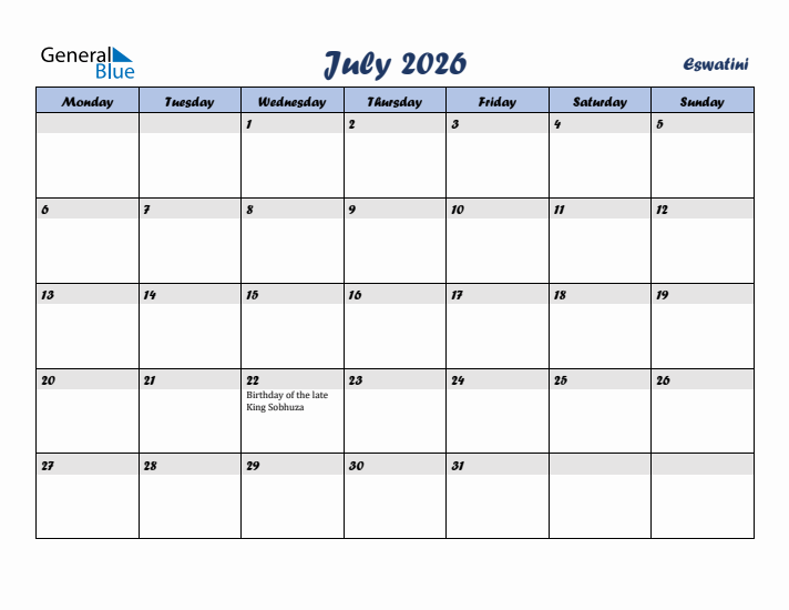 July 2026 Calendar with Holidays in Eswatini