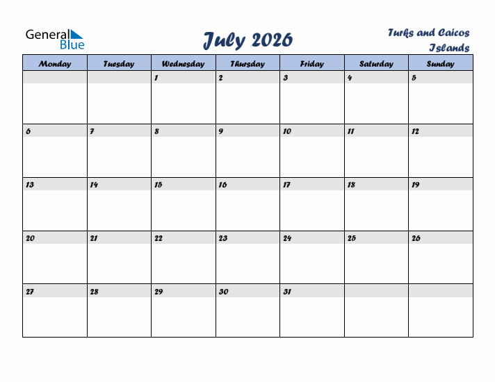 July 2026 Calendar with Holidays in Turks and Caicos Islands