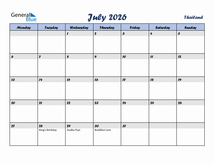 July 2026 Calendar with Holidays in Thailand