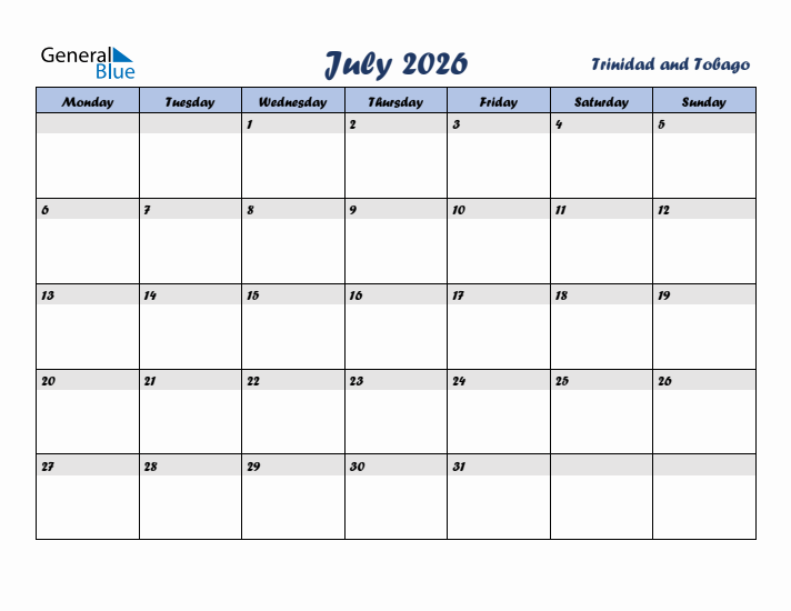 July 2026 Calendar with Holidays in Trinidad and Tobago