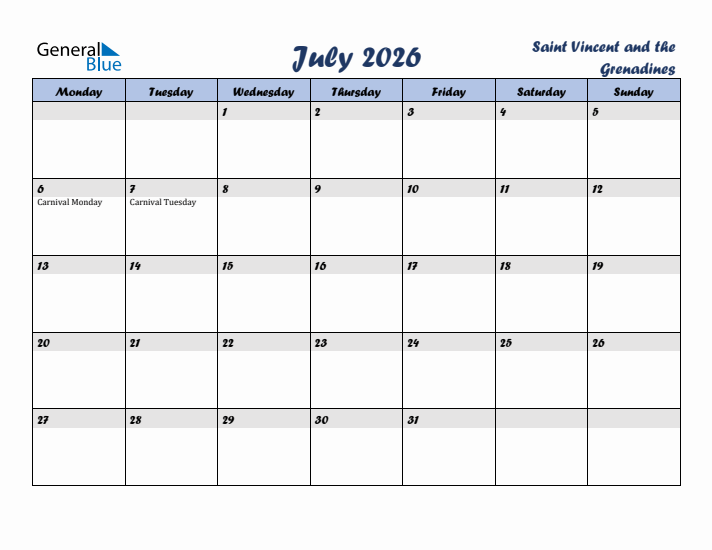 July 2026 Calendar with Holidays in Saint Vincent and the Grenadines