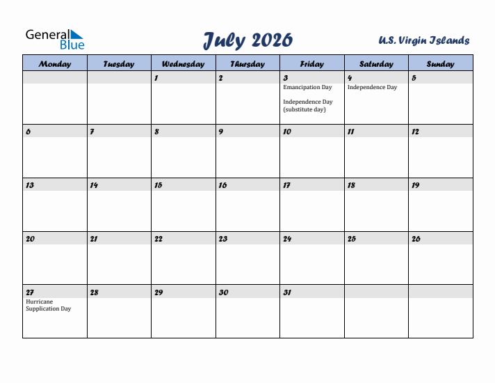 July 2026 Calendar with Holidays in U.S. Virgin Islands