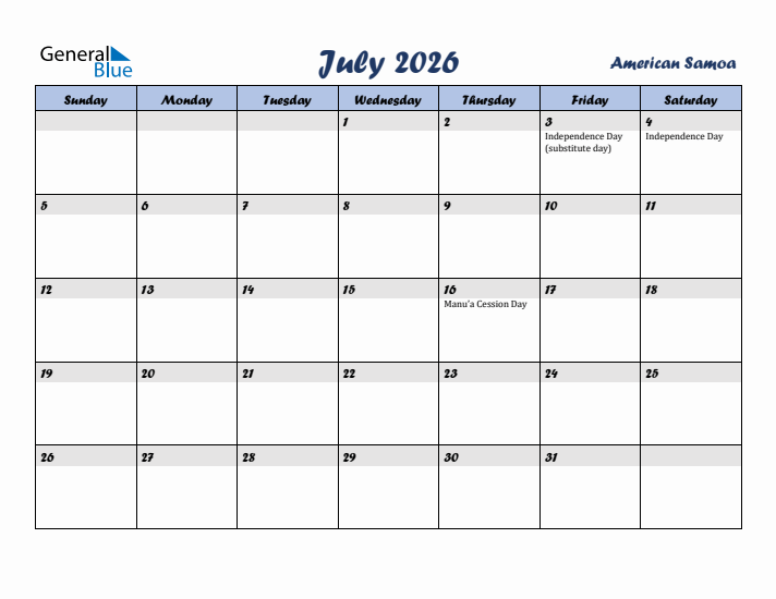 July 2026 Calendar with Holidays in American Samoa