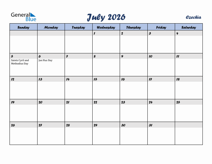 July 2026 Calendar with Holidays in Czechia