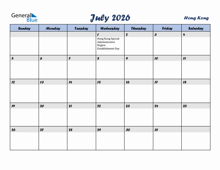 July 2026 Calendar with Holidays in Hong Kong