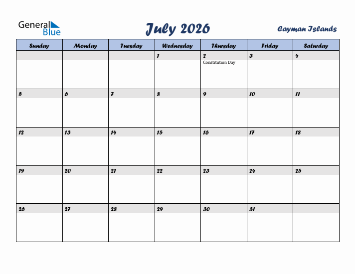 July 2026 Calendar with Holidays in Cayman Islands