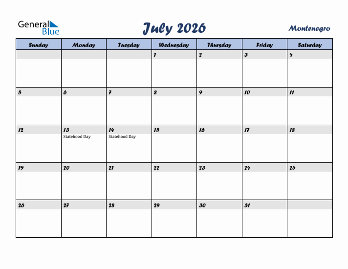 July 2026 Calendar with Holidays in Montenegro
