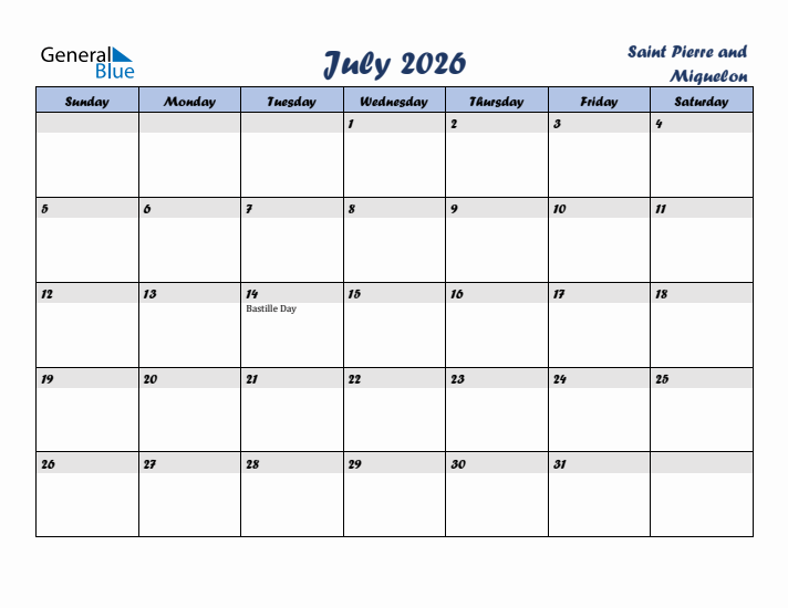 July 2026 Calendar with Holidays in Saint Pierre and Miquelon