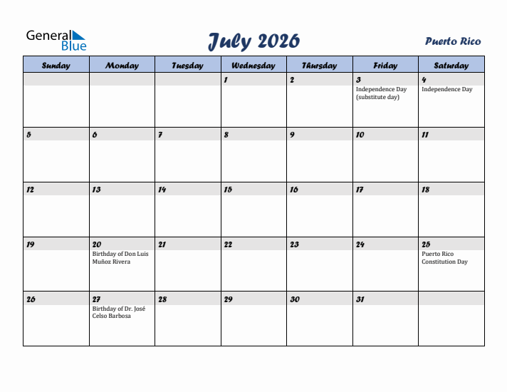July 2026 Calendar with Holidays in Puerto Rico
