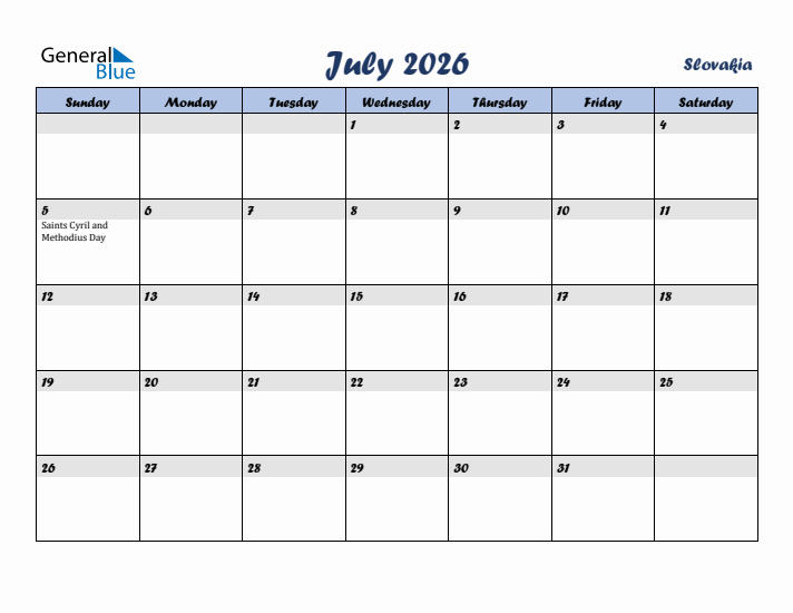 July 2026 Calendar with Holidays in Slovakia