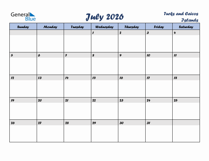 July 2026 Calendar with Holidays in Turks and Caicos Islands