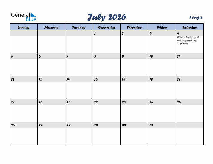 July 2026 Calendar with Holidays in Tonga