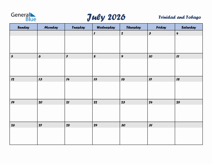 July 2026 Calendar with Holidays in Trinidad and Tobago