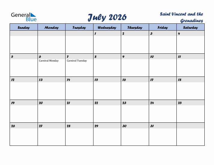 July 2026 Calendar with Holidays in Saint Vincent and the Grenadines