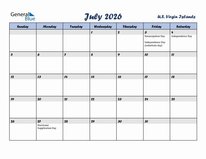 July 2026 Calendar with Holidays in U.S. Virgin Islands