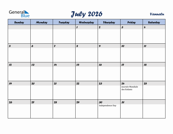 July 2026 Calendar with Holidays in Vanuatu