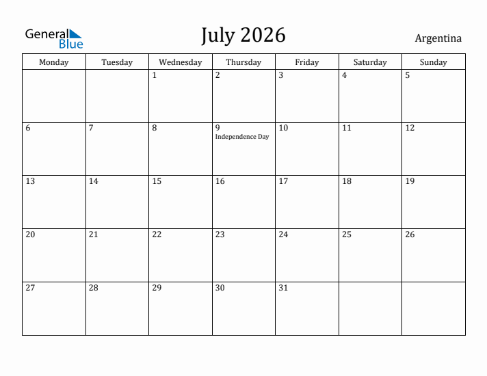 July 2026 Calendar Argentina