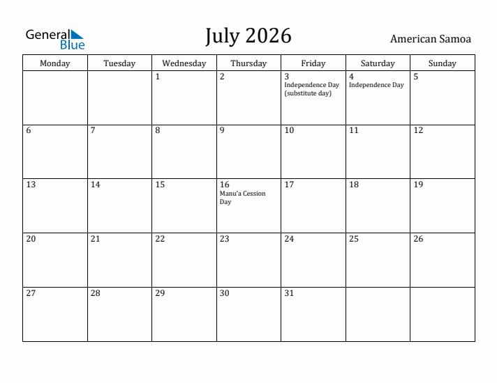 July 2026 Calendar American Samoa