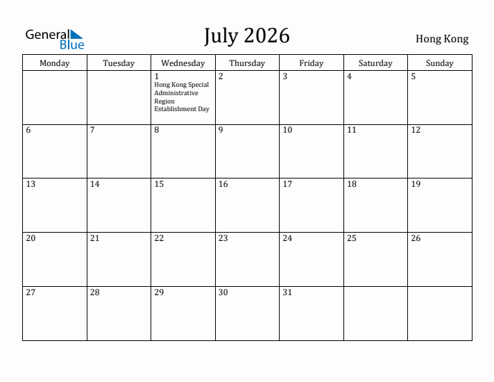 July 2026 Calendar Hong Kong