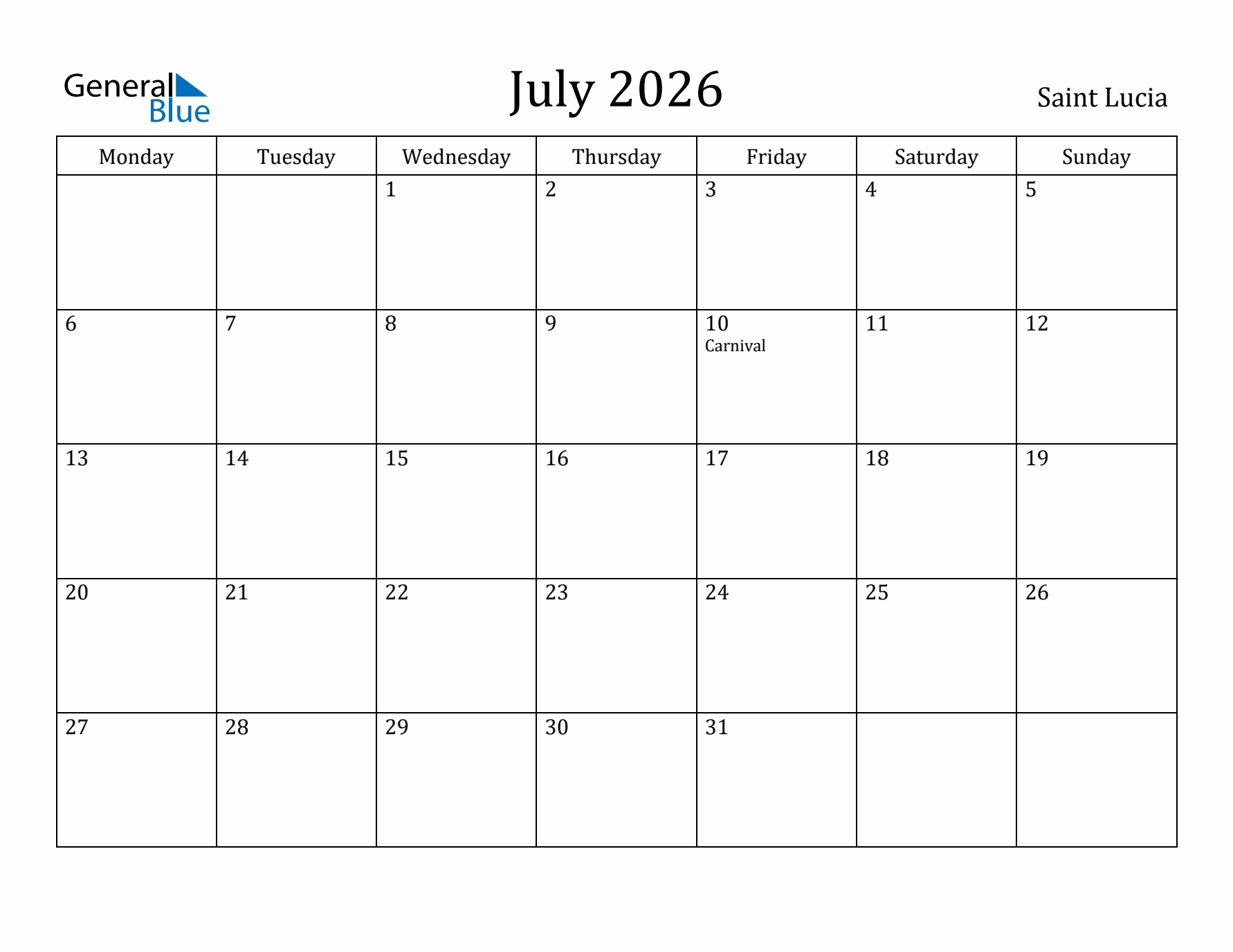 July 2026 Calendar Saint Lucia