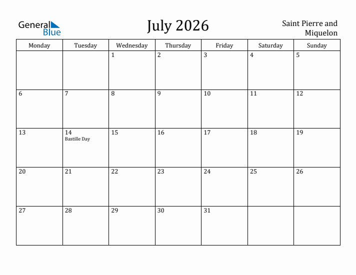 July 2026 Calendar Saint Pierre and Miquelon