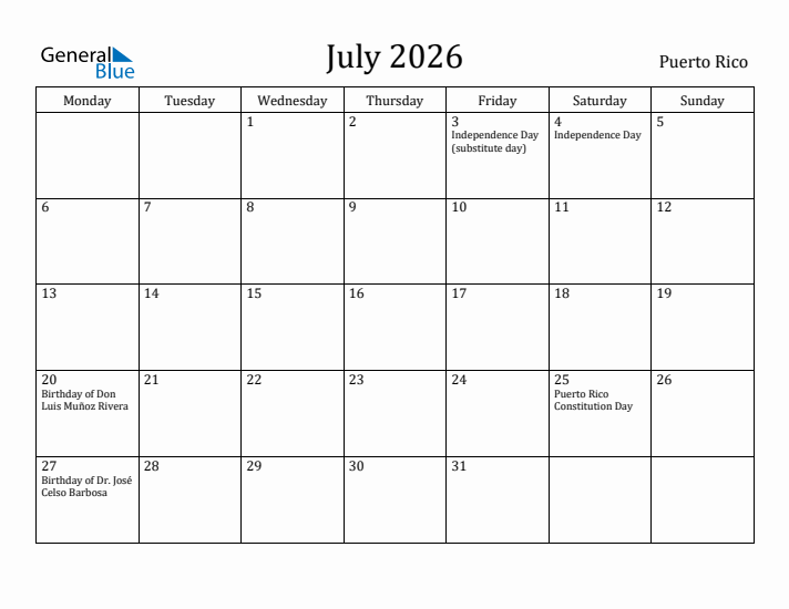 July 2026 Calendar Puerto Rico