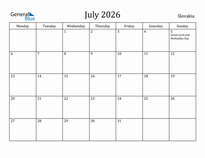 July 2026 Calendar Slovakia