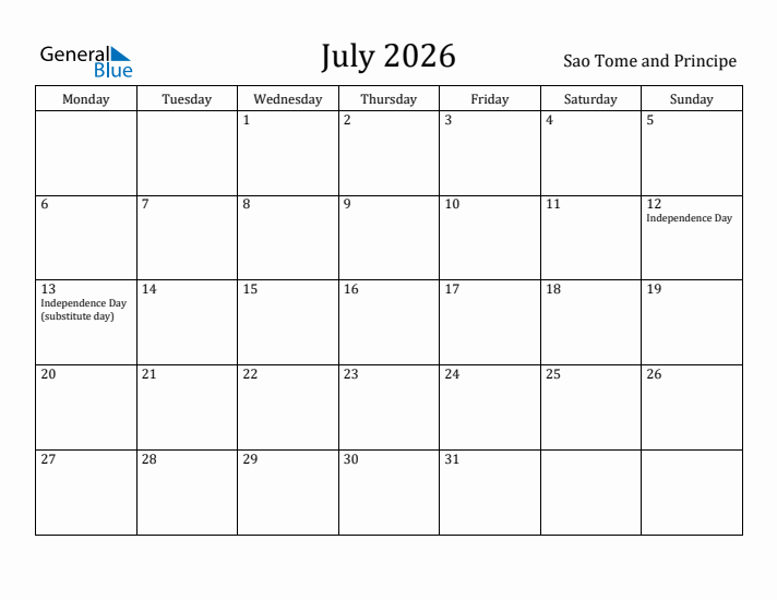 July 2026 Calendar Sao Tome and Principe