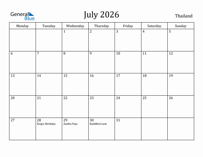 July 2026 Calendar Thailand