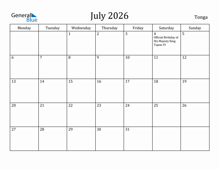 July 2026 Calendar Tonga