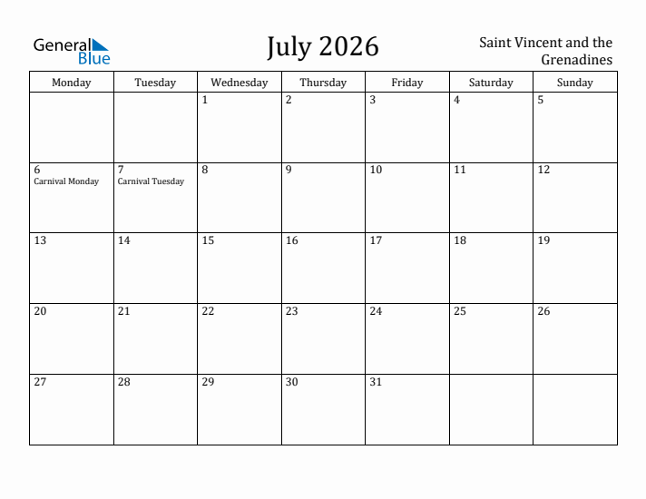 July 2026 Calendar Saint Vincent and the Grenadines