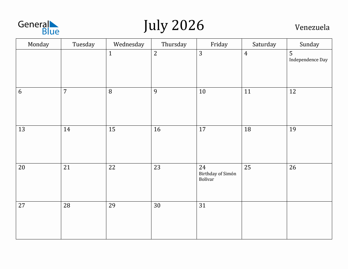 July 2026 Venezuela Monthly Calendar with Holidays