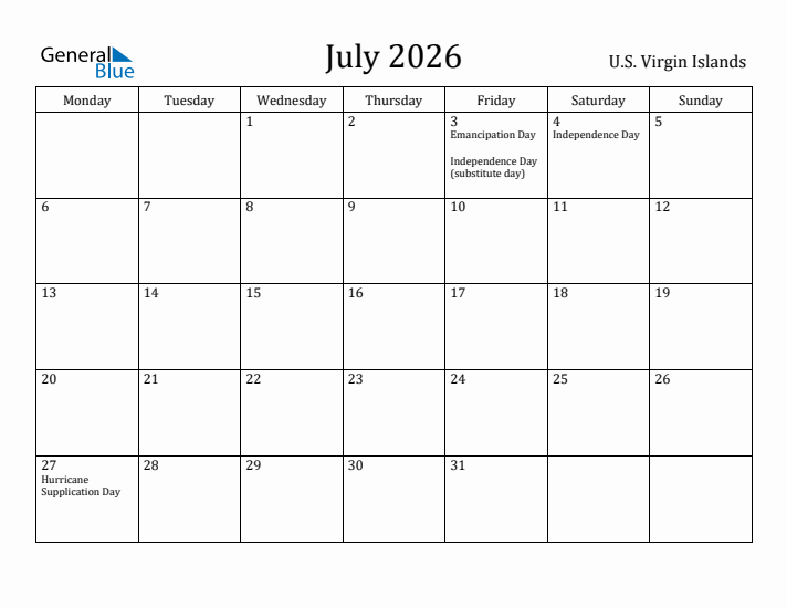 July 2026 Calendar U.S. Virgin Islands