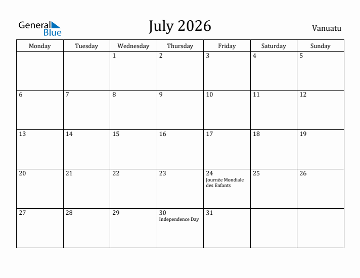 July 2026 Calendar Vanuatu