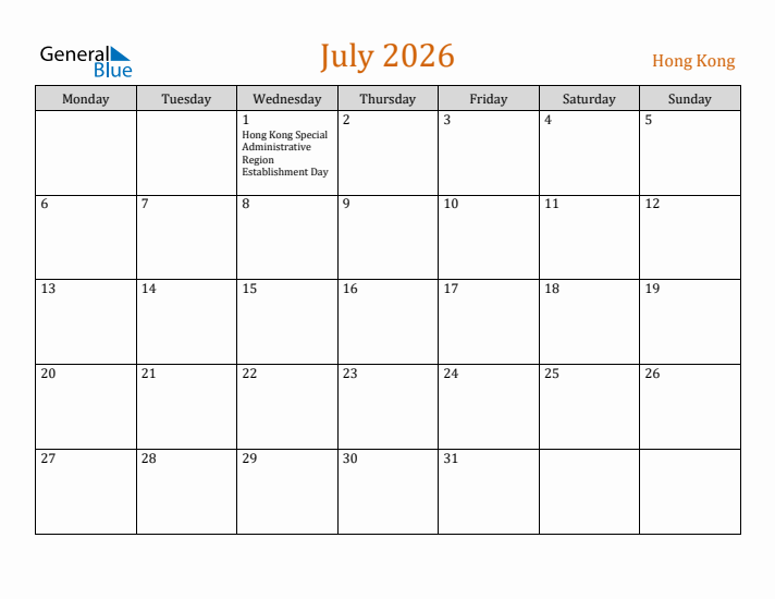 July 2026 Holiday Calendar with Monday Start
